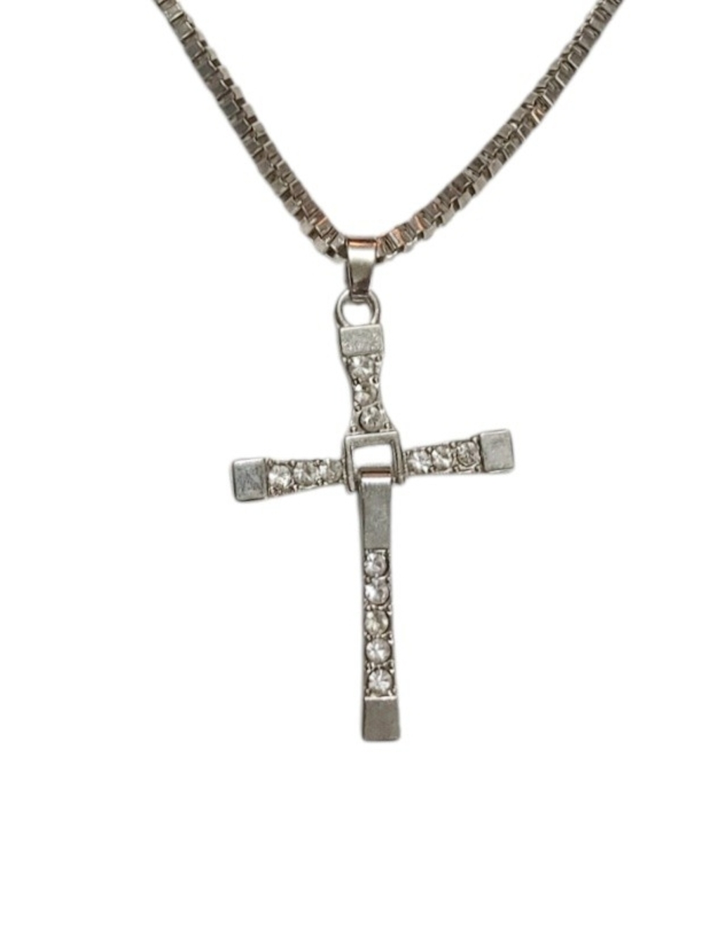 Silver-Tone Cross Pendant Necklace with Crystal Accents